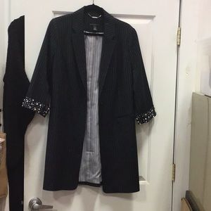 Black label by CHICOS- long blazer with embellished cuffs, navy stripes, size 1